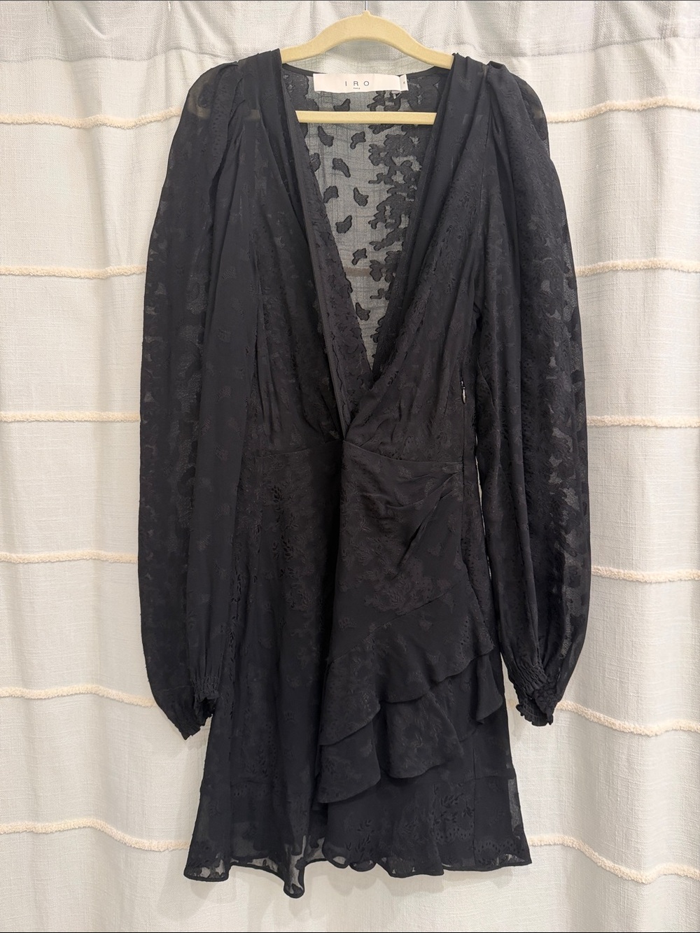 IRO Black Long-Sleeve V-Neck Ruffle Tiered Mini Dress